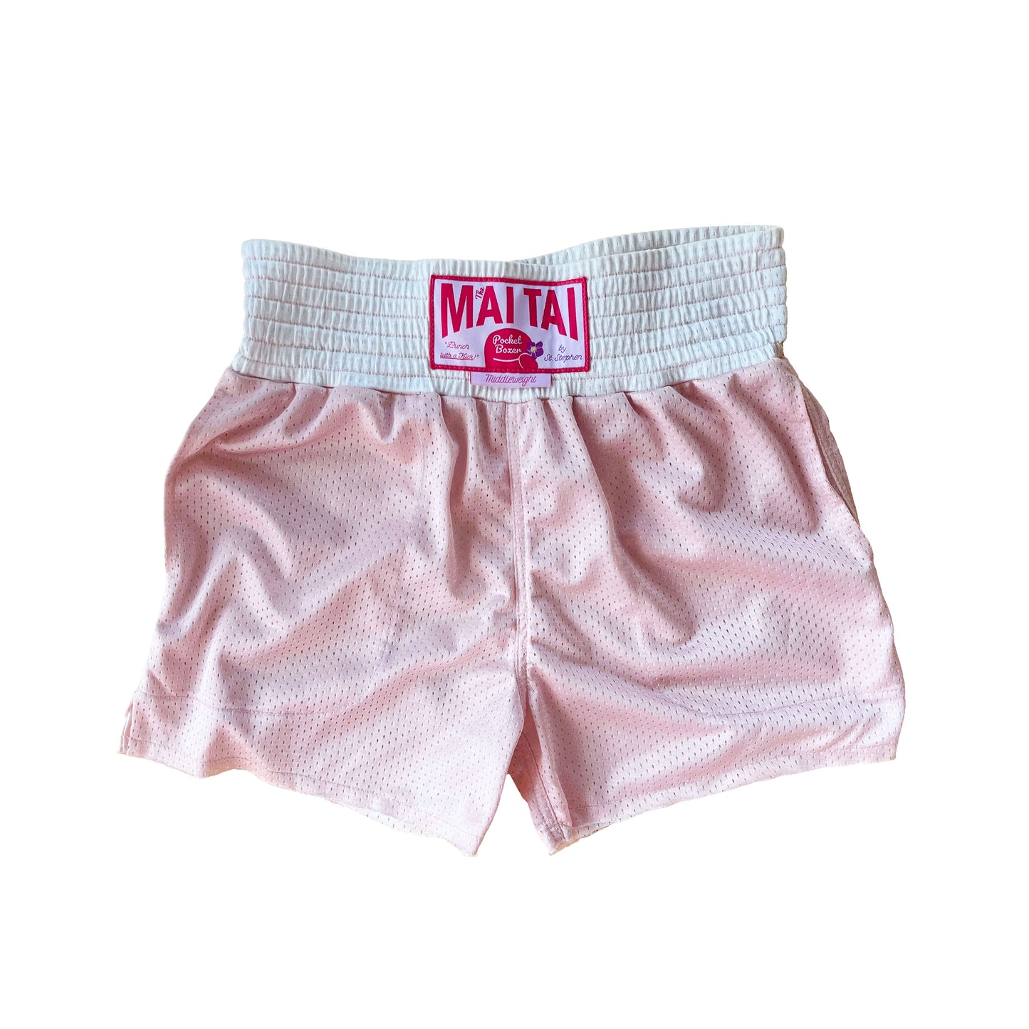 Pink boxing shorts with a white waistband featuring 'Maitai' branding on a white background.